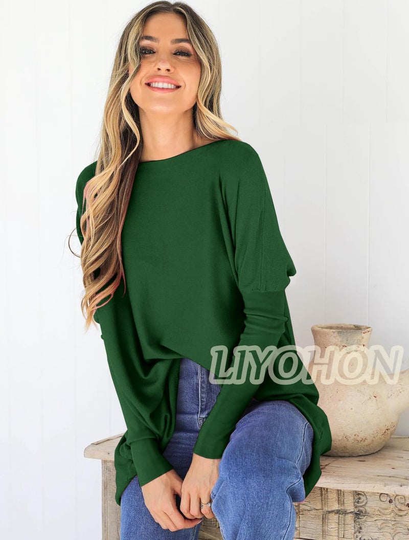 LIYOHON تي شيرتات لييوهون واسعة للنساء بلوزات تونك لارتدائها مع ليغينغز بأكمام طويلة سويترز خريفية بلوزات أنيقة أخضر داكن - م - Image 2